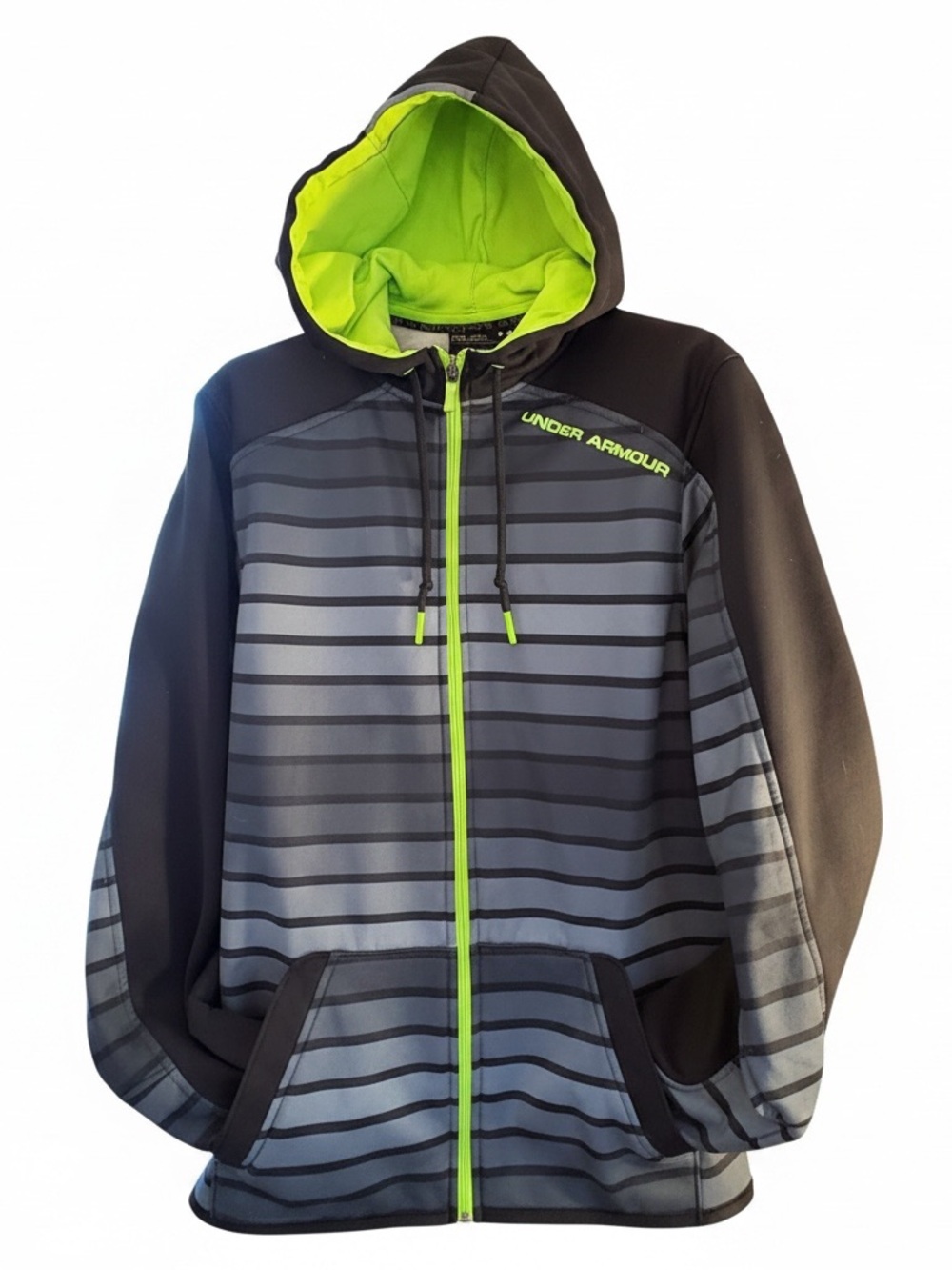 Under Armour Black & Gray Striped Hoodie with Lime Green Accents. Men’s